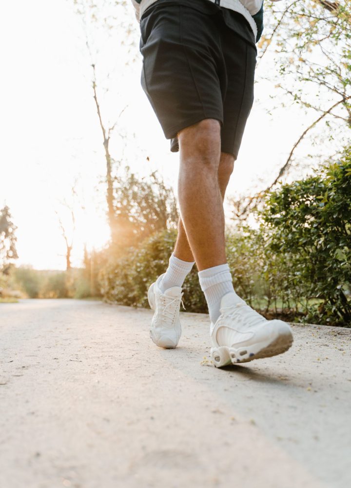 morning, running shorts, white sneakers